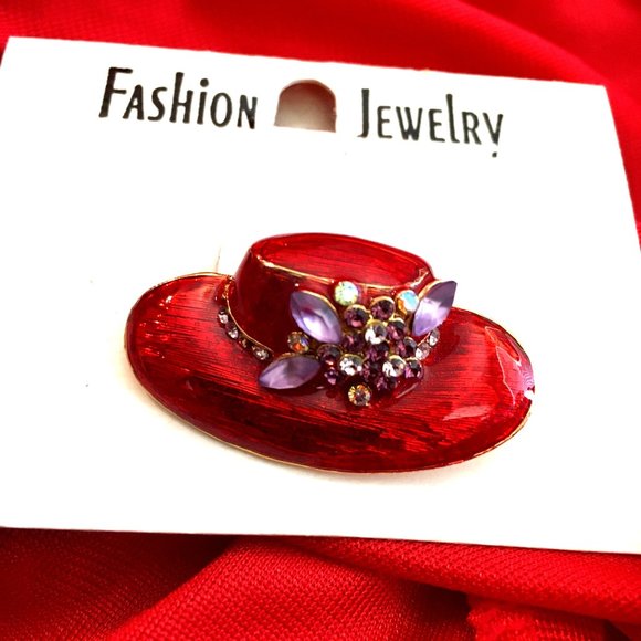 VTG Red Hat Lady Pin Brooch w/ Lavender Rhinestones NWOT - Picture 1 of 7